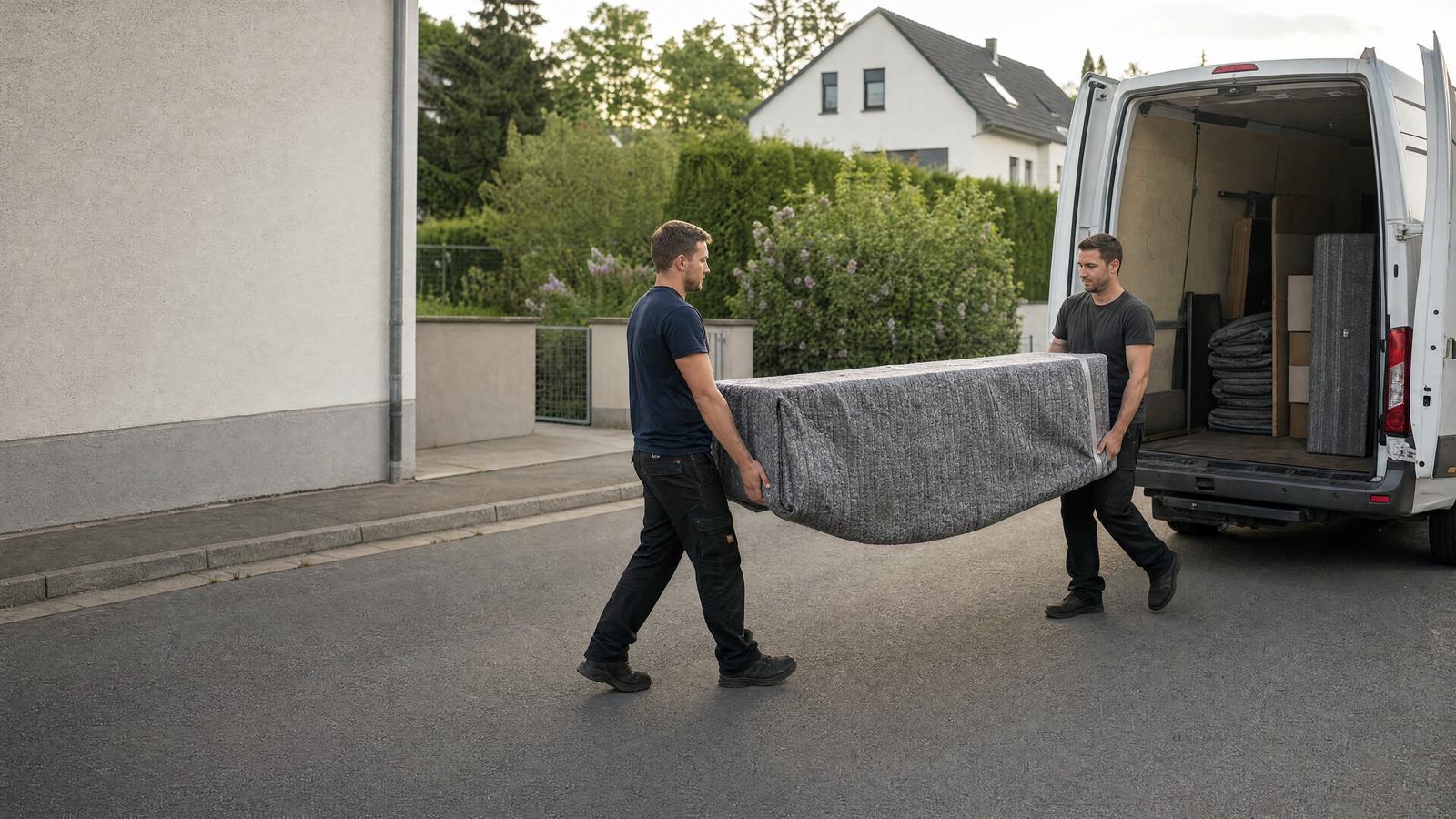 Zwei Umzugshelfer tragen ein in eine Decke gehülltes Möbelstück zu einem Transporter