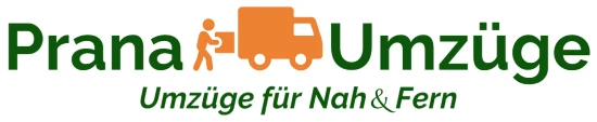 Logo von Prana Umzüge: grüner Schriftzug, dazwischen eine orangefarbene Figur, die einen Karton zu einem Transporter trägt